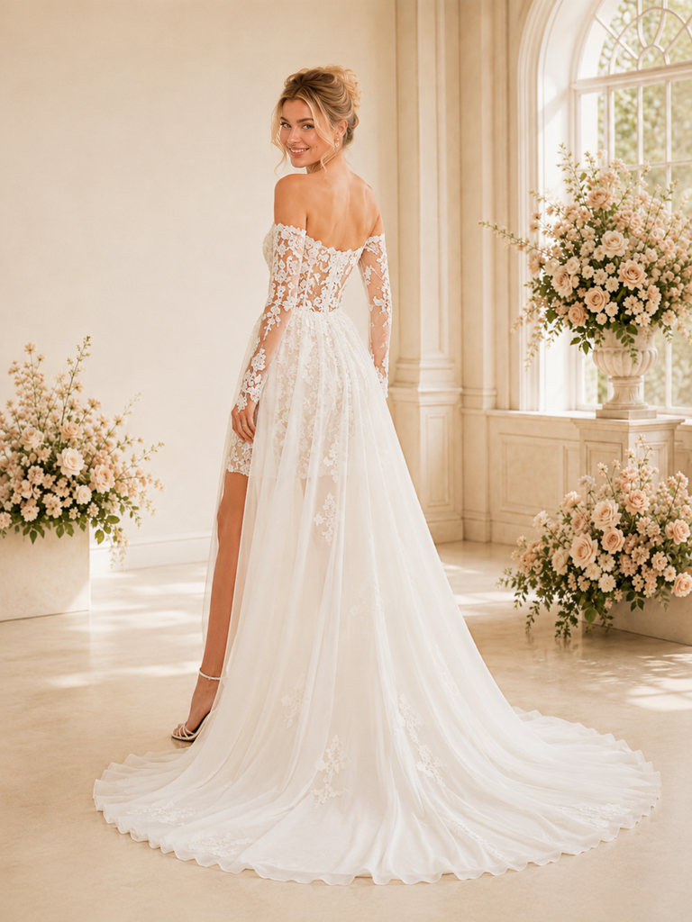 ChicSew Romantic Off The Shoulder Lace Wedding Dresses With Overskirt And Long Train