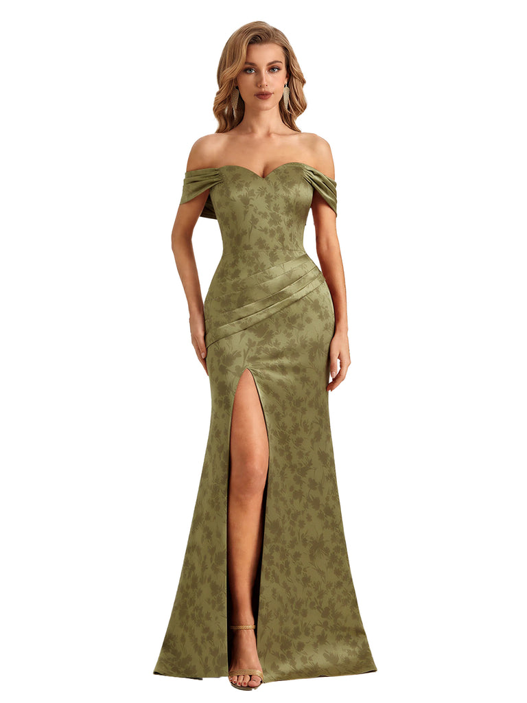 Trendy Off Shoulder Side Slit Mermaid Long Satin Floral Formal Evening Dresses For Ladies