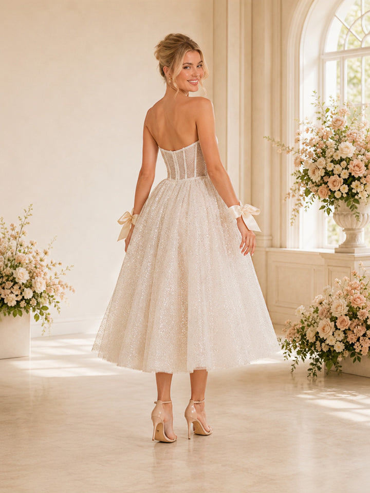 ChicSew Elegant A-line Sweetheart Boning Glitter Tulle Tea-Length Wedding Dresses