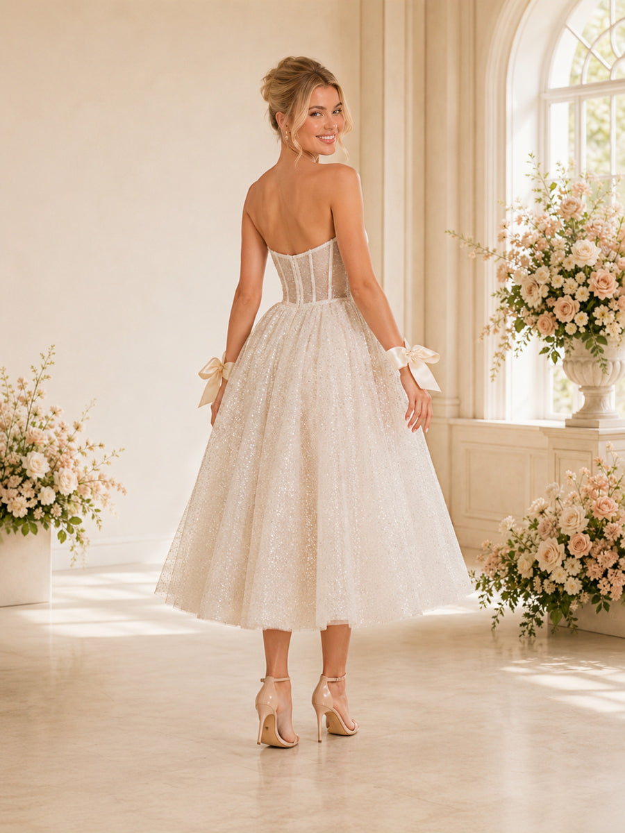 ChicSew Elegant A-line Sweetheart Boning Glitter Tulle Tea-Length Wedding Dresses