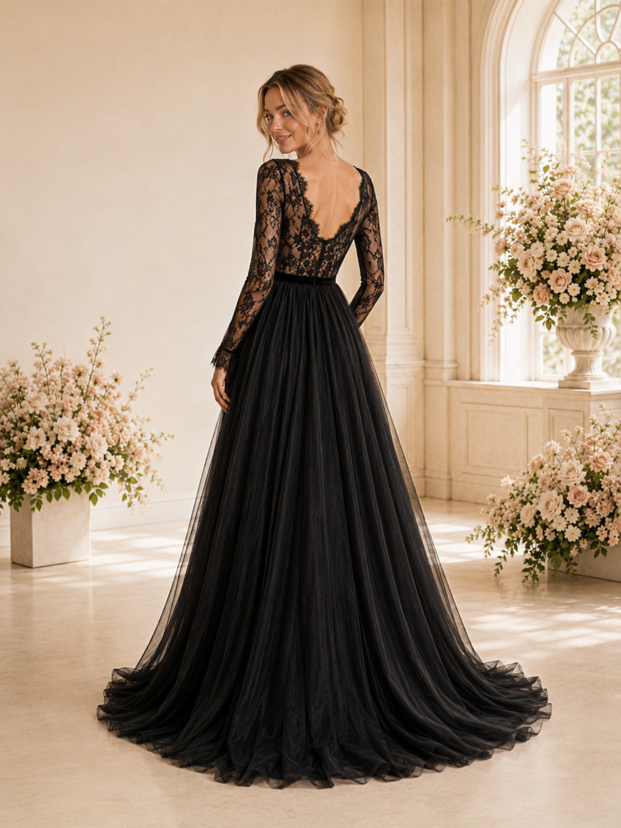 ChicSew Unique Deep V-Neck A-line Long Sleeves Lace Tulle Wedding Dresses Online