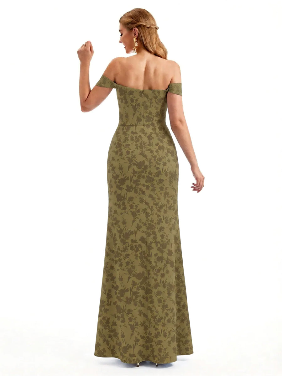 Beautiful Off Shoulder Side Slit Mermaid Floral Satin Maxi Floral Formal Dresses For Women