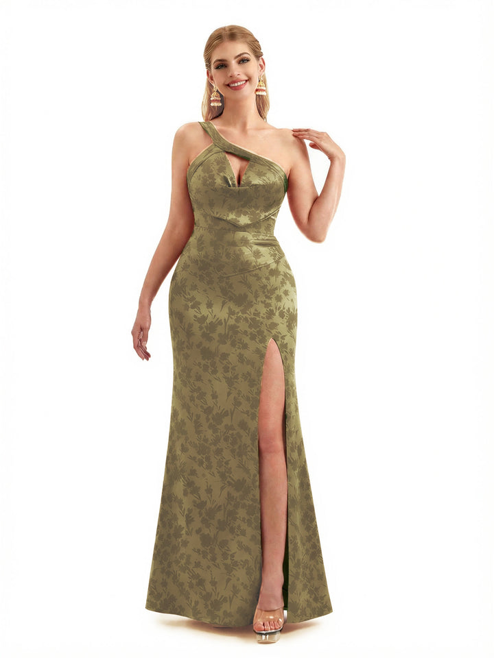 Beautiful One Shoulder Side Slit Mermaid Floral Satin Maxi Floral Formal Dresses For Women
