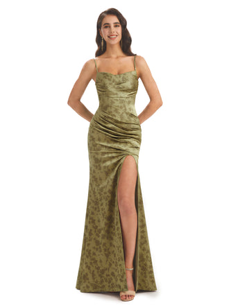 Elegant Spaghetti Straps Side Slit Mermaid Floral Satin Maxi Floral Formal Dresses For Women