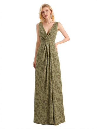 Beautiful V-Neck Mermaid Floral Satin Maxi Floral Formal Dresses For Women