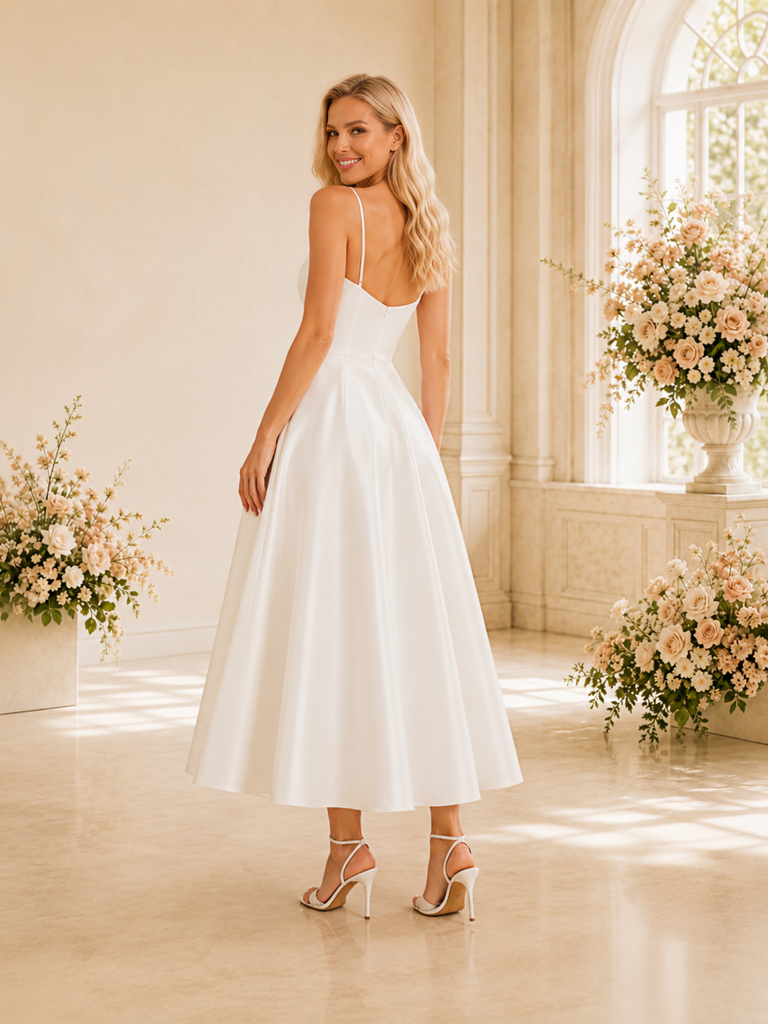 ChicSew Simple V-Neck A-Line Spaghetti Straps Sleeveless Satin Tea-Length Wedding Dresses