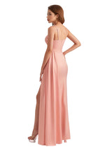 Elegant Asymmetric Spaghetti Straps Silky Satin Mermaid Side Slit Long Bridesmaid Dresses