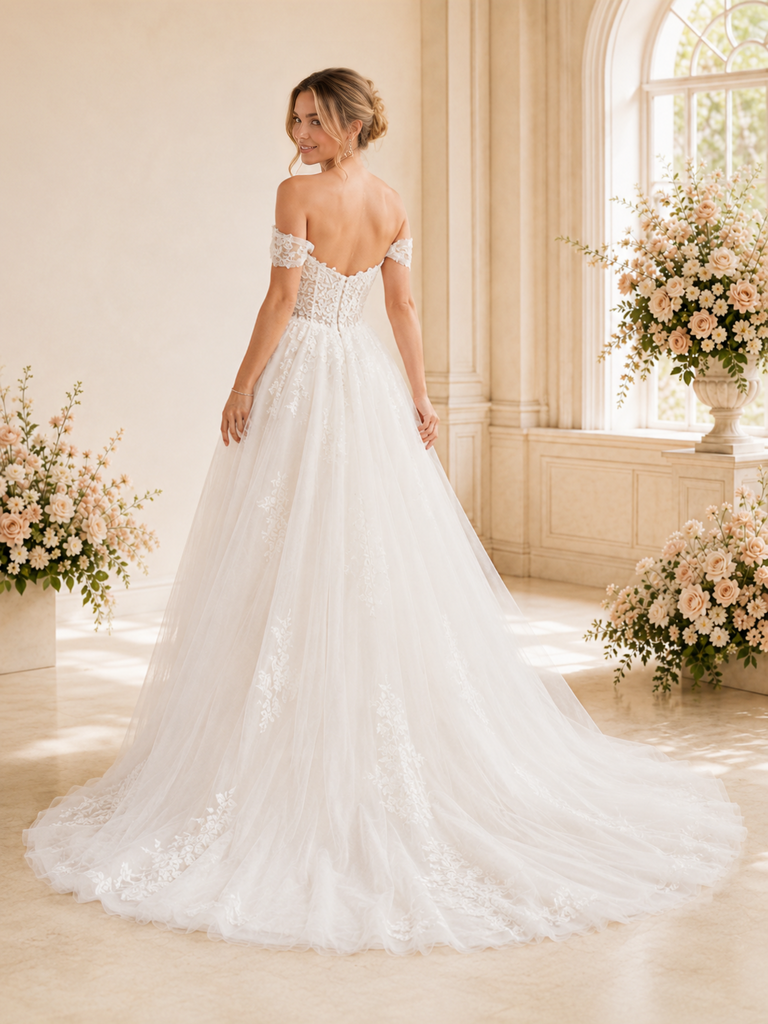 ChicSew Fancy Off The Shoulder Boning Lace Tulle Maxi A-Line Wedding Dress