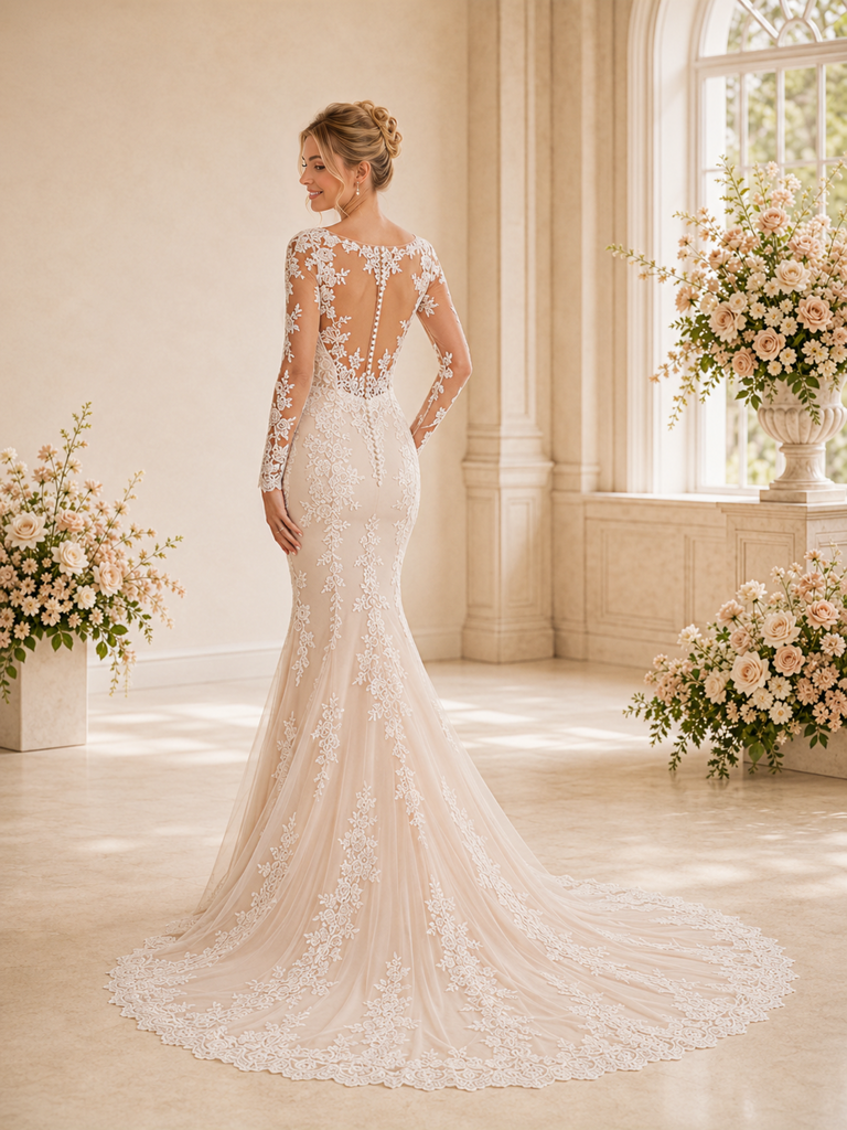 ChicSew Romantic V-Neck Long Sleeves Lace Tulle Mermaid Wedding Dresses With Train