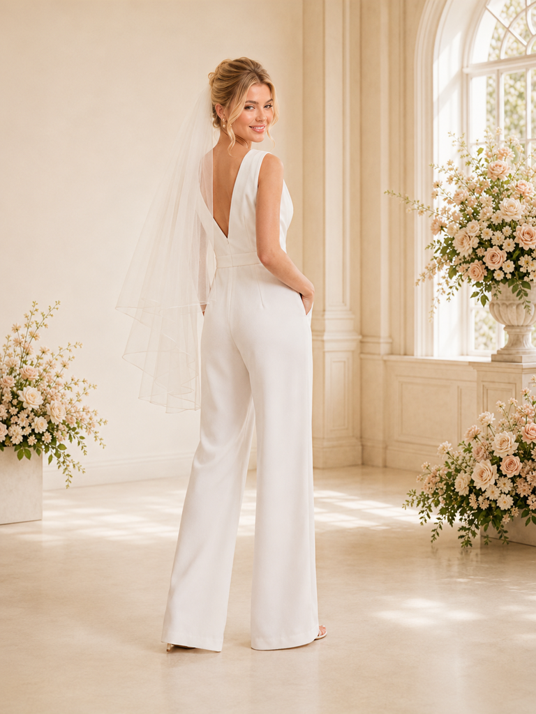 ChicSew Morden Spaghetti Straps Ruching Crepe Floor-Length Wedding Jumpsuit