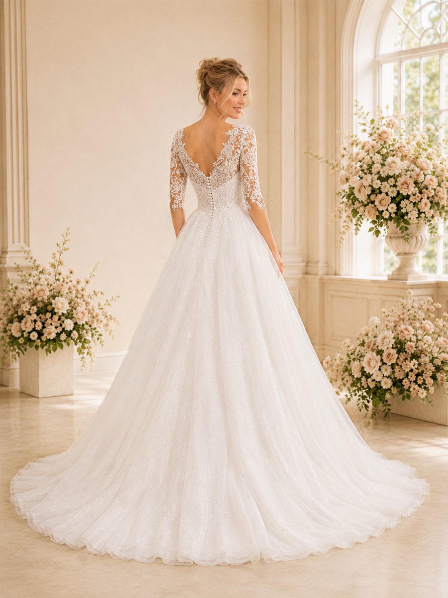 ChicSew Elegant Modern V-Neck A-Line Half Sleeves Lace Tulle Floor-Length Wedding Dresses With Applique