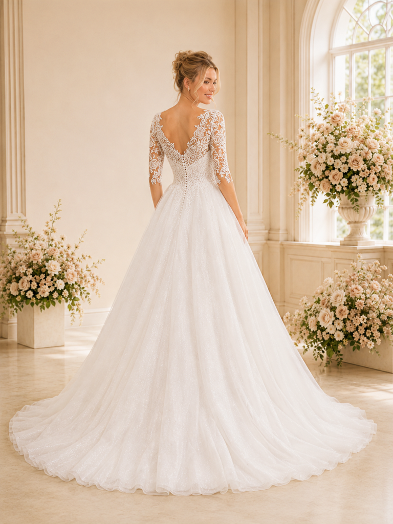 ChicSew Elegant Modern V-Neck A-Line Half Sleeves Lace Tulle Floor-Length Wedding Dresses With Applique