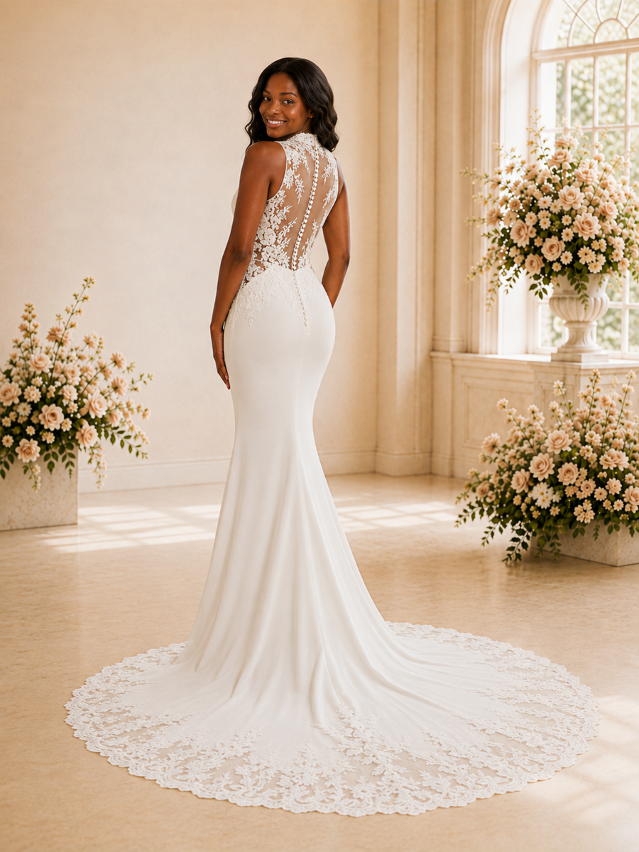 ChicSew Elegant High Neck Sleeveless Lace Appliques Crepe Long Mermaid Wedding Dress