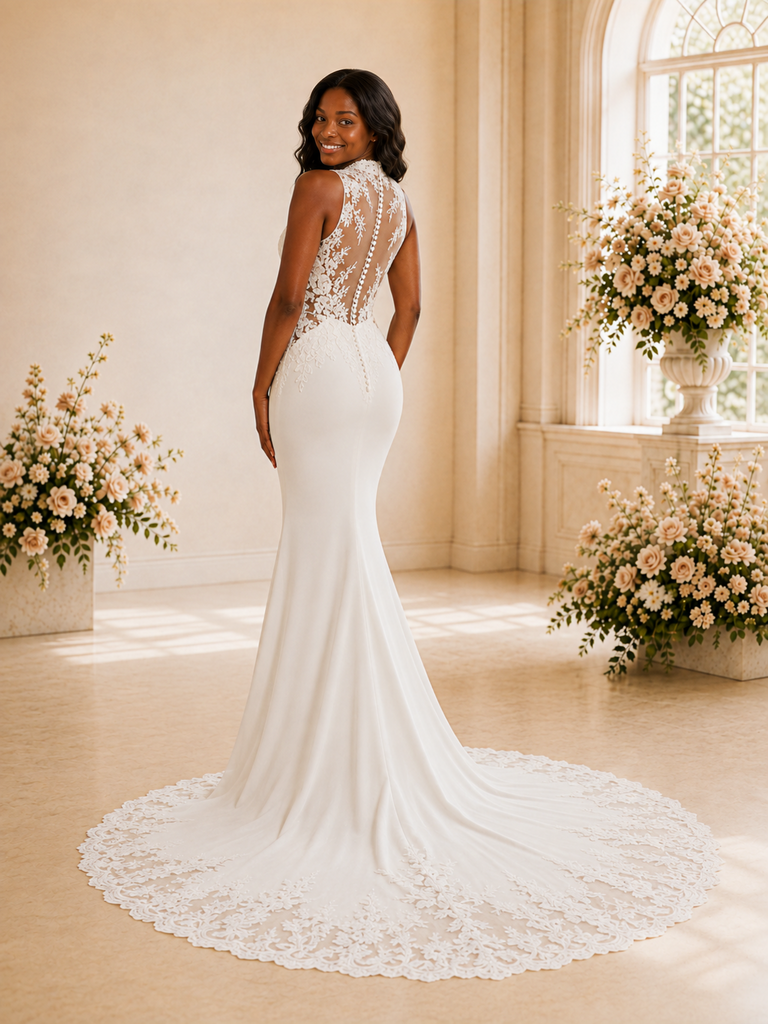 ChicSew Elegant High Neck Sleeveless Lace Appliques Crepe Long Mermaid Wedding Dress