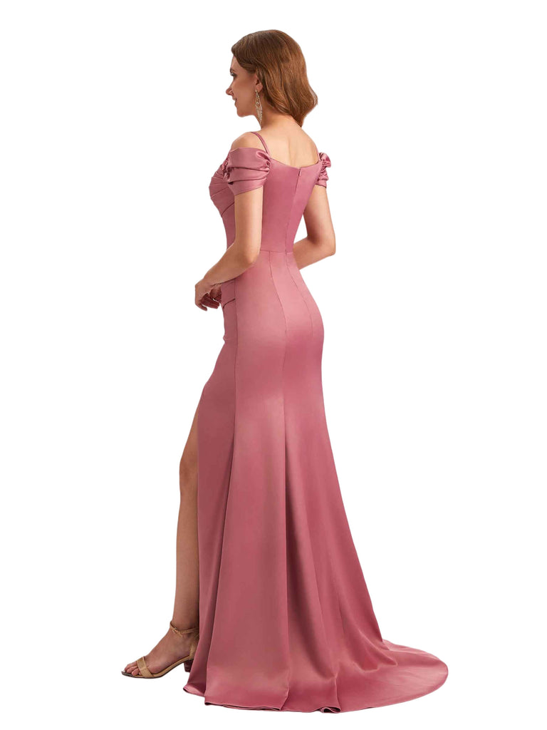 Sexy Soft Satin Cold Shoulder Mermaid Side Slit Unique Long Bridesmaid Dresses