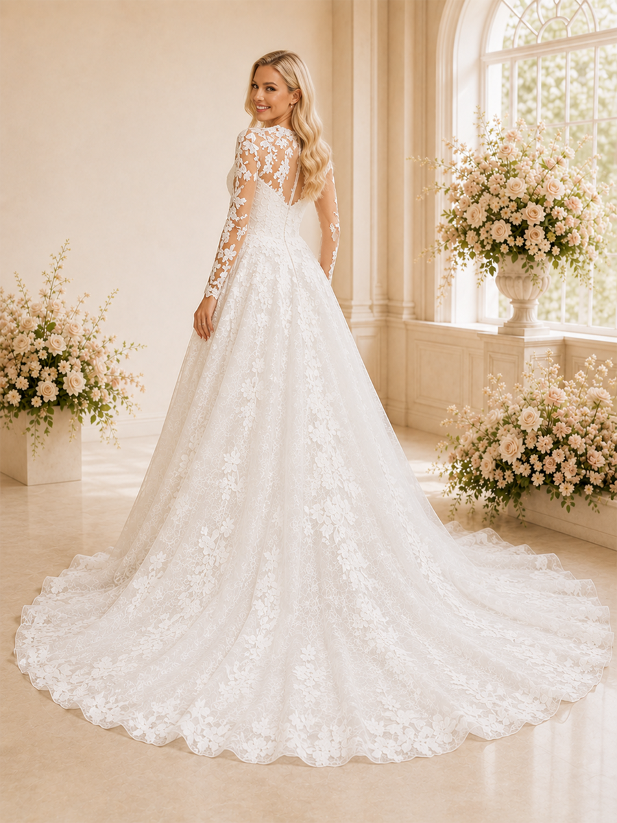 ChicSew Romantic High Neck Long Sleeves Lace Tulle A-Line Maxi Long Wedding Dresses
