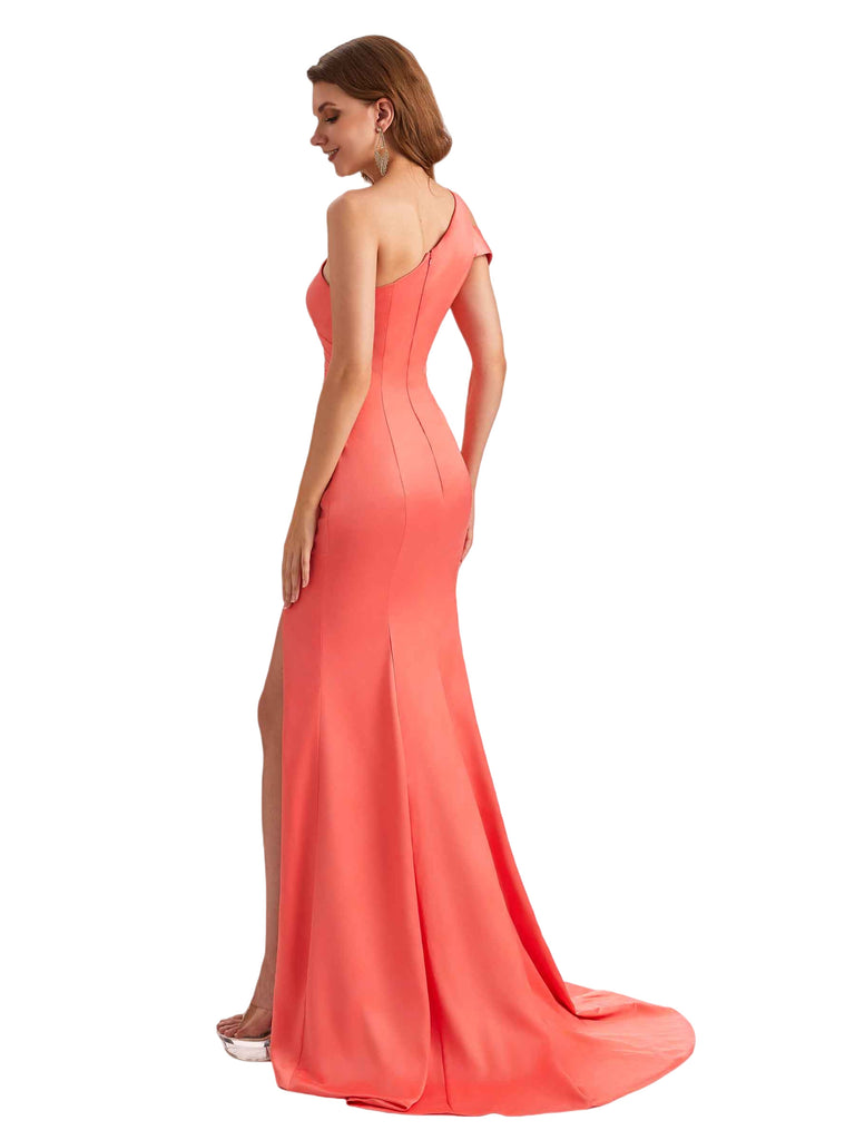 Morden Silky Satin One Shoulder Mermaid Side Slit Ruched Long Bridesmaid Dresses Online
