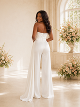 ChicSew Modern Strapless Ruching Satin Floor-Length Wedding Jumpsuit