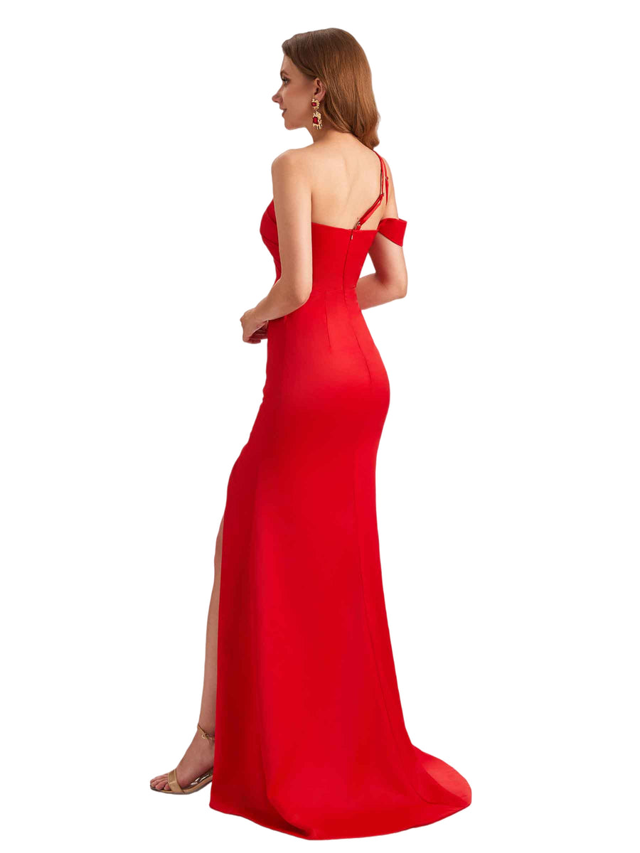 Sexy Silky Satin One Shoulder Mermaid Side Slit Unique Long Bridesmaid Dresses Online