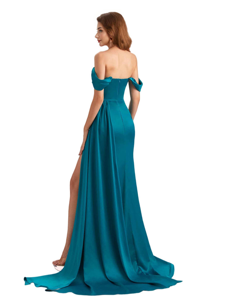 Sexy Silky Satin Off The Shoulder V-Neck Mermaid Long Bridesmaid Dresses Side Slit