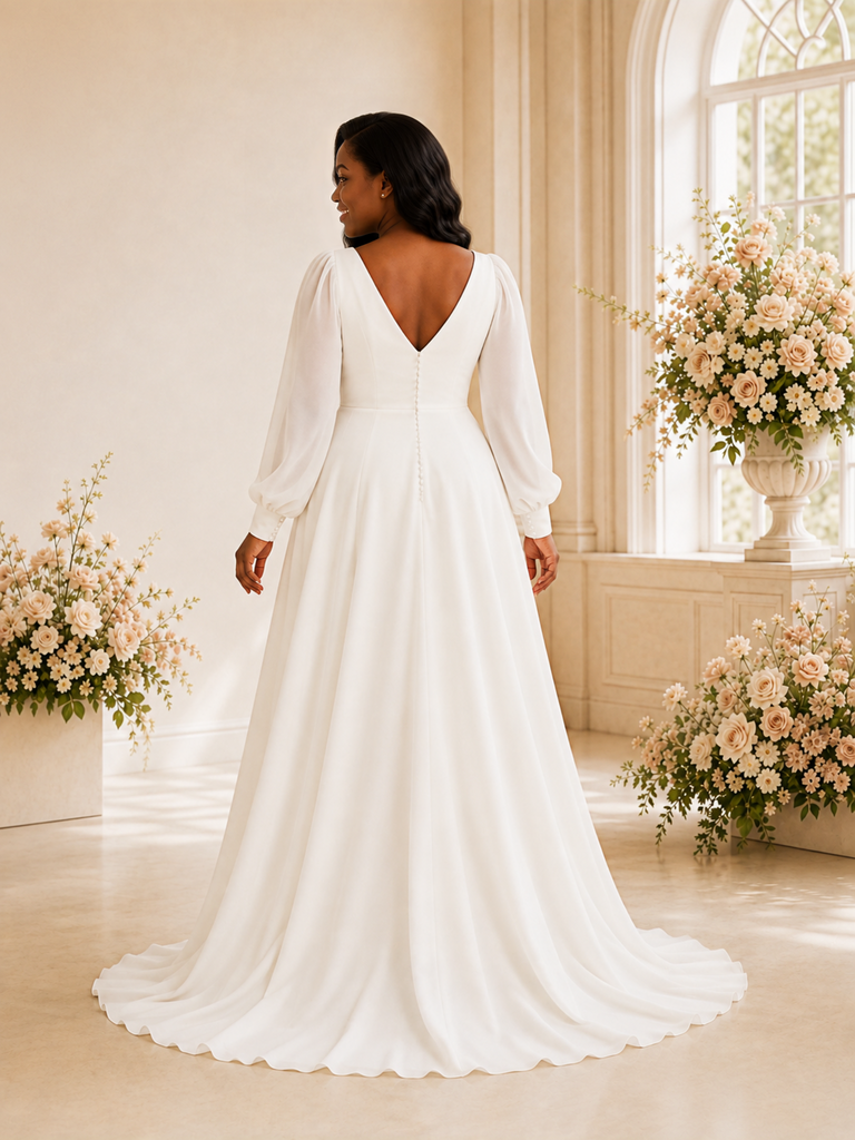 ChicSew Elegant A-Line V-Neck Long Sleeves Ruching Chiffon A-Line Maxi Wedding Dress