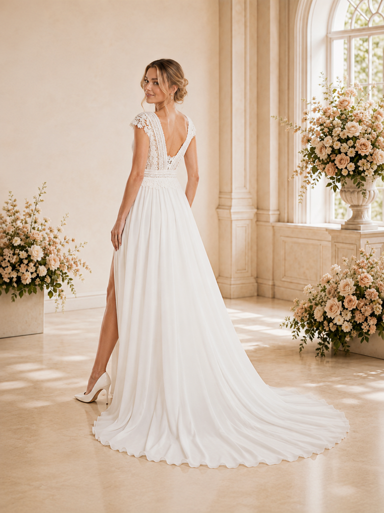ChicSew Elegant Fancy A-Line V-Neck Lace Chiffon Side Slit Maxi Long Wedding Dress