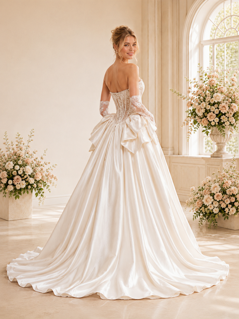 ChicSew Unique Lace Sweetheart Boning Pleated A-Line Satin Floor-Length Wedding Dress