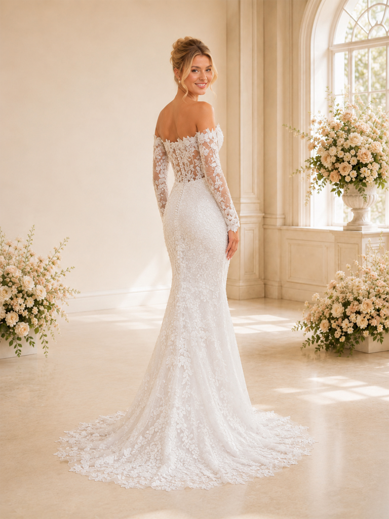 ChicSew Beautiful Sweetheart Mermaid Lace Tulle Off The Shoulder Long Sleeves Boning Floor-Length Wedding Dresses