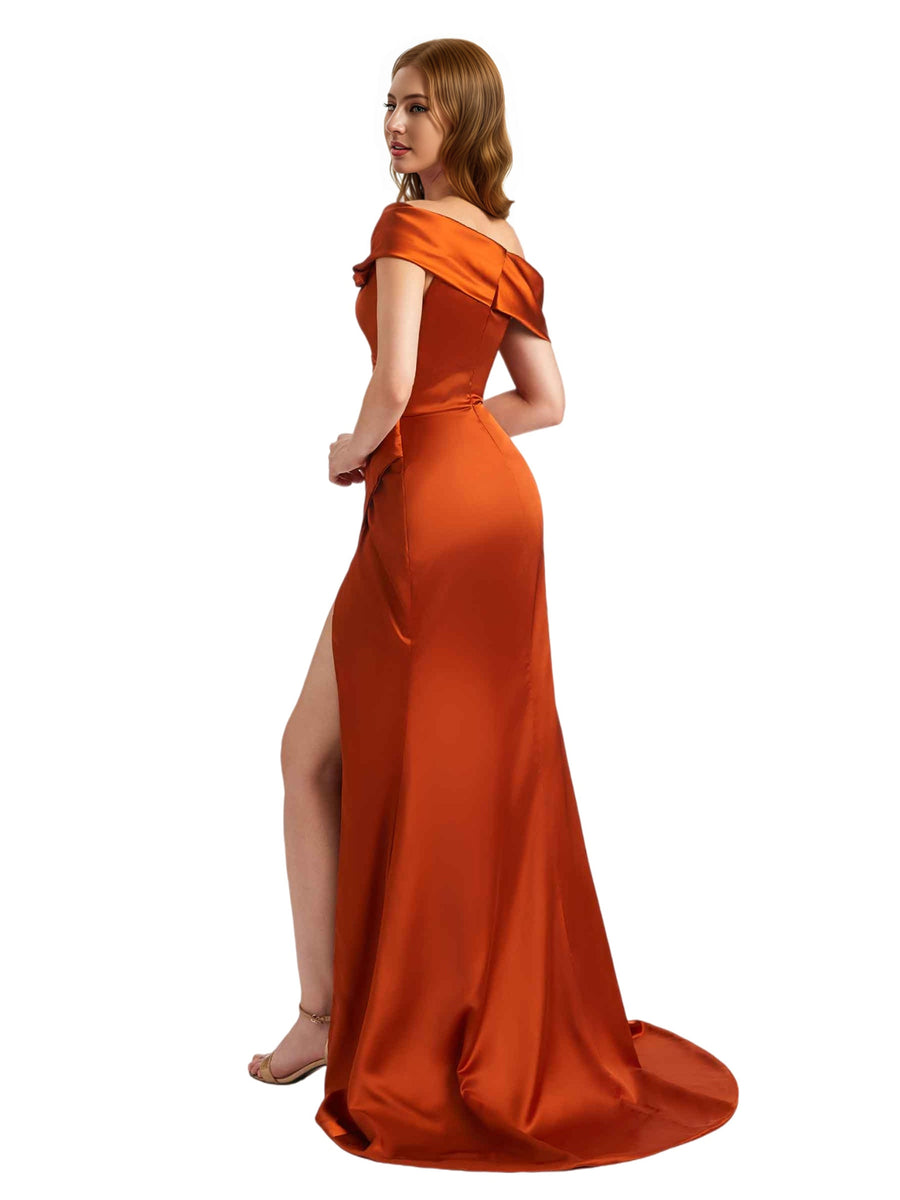 Sexy Asymmetric Silky Satin Unique Side Split Mermaid Long Bridesmaid Dresses Online