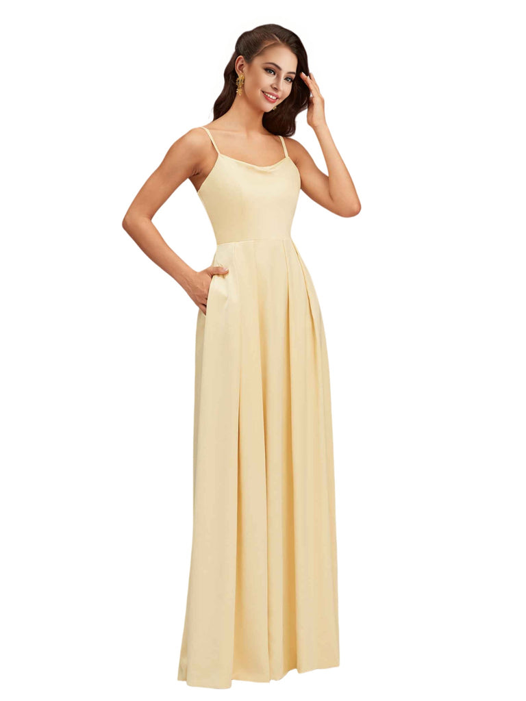 Elegant Spaghetti Straps Sleeveless Soft Satin A-Line Bridesmaid Dresses With Pocket