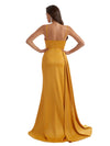 Elegant Side Slit Mermaid Ruched Satin Formal Long Bridesmaid Dresses Spaghetti Strap