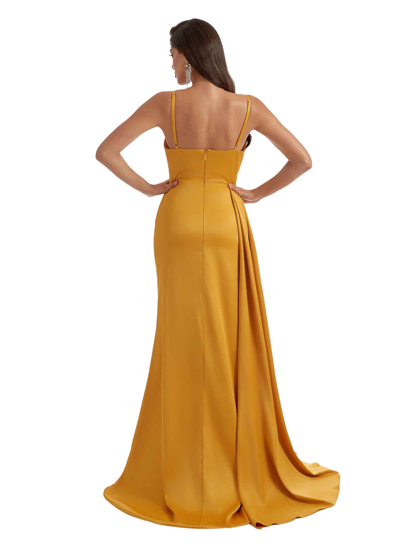 Elegant Side Slit Mermaid Ruched Satin Formal Long Bridesmaid Dresses Spaghetti Strap