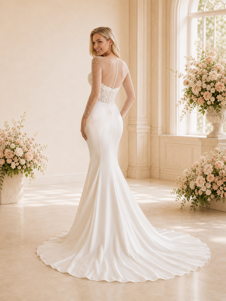 ChicSew Elegant Illusion Lace Applique Satin Long Sleeves Beaded Mermaid Maxi Wedding Dresses