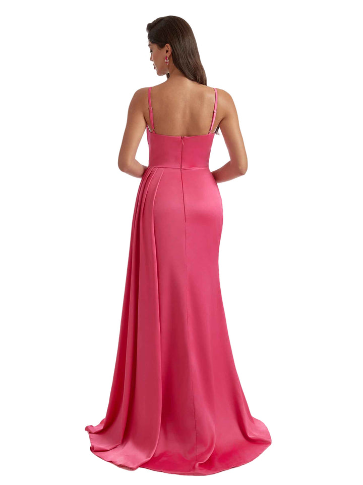 Mermaid Side Split Silky Satin Modern Long Bridesmaid Dresses Elegant Spaghetti Straps
