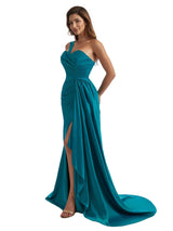 Elegant One Shoulder Mermaid Ruched Satin Chic Long Bridesmaid Dresses Slit Online