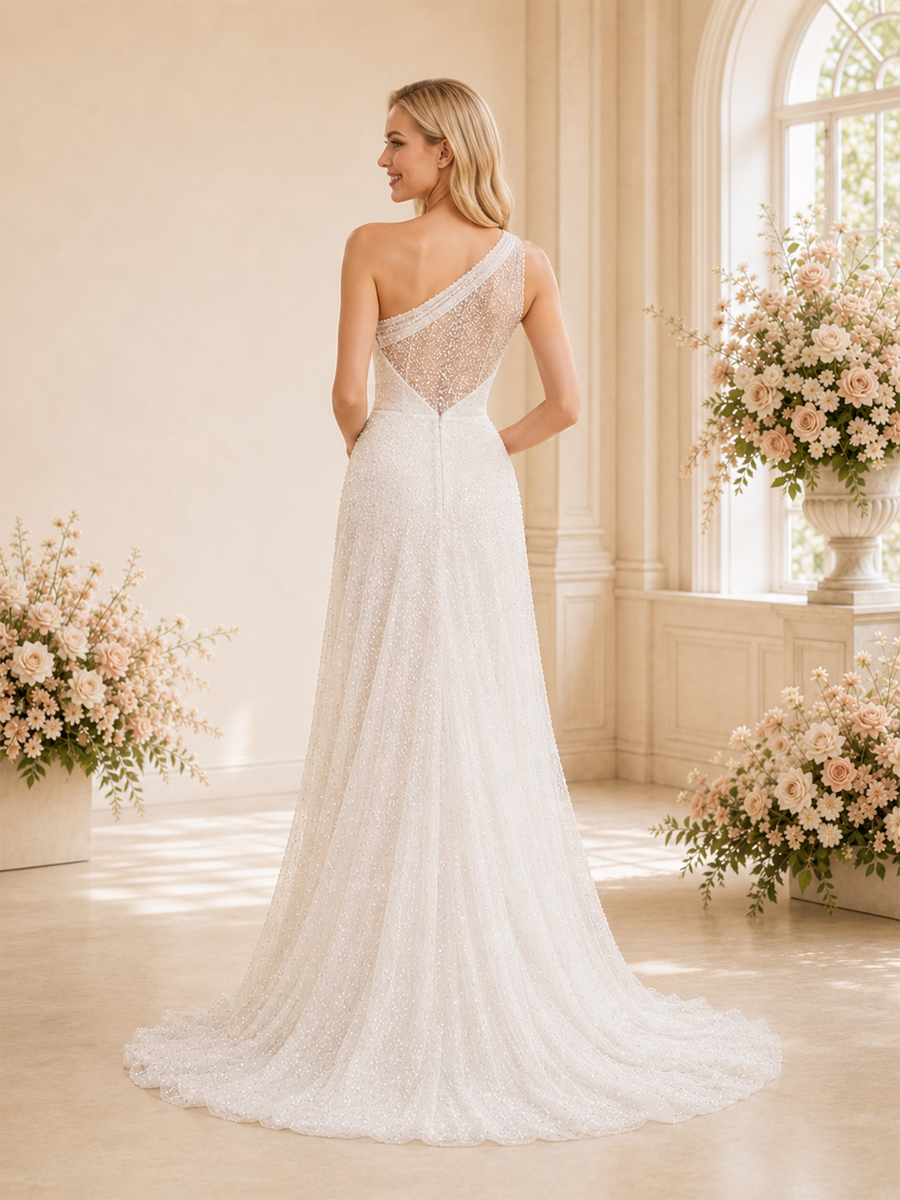 ChicSew Elegant One Shoulder A-line Glitter Tulle Side Slit Long Wedding Dresses