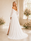 ChicSew Fancy Off The Shoulder Long Sleeves A-Line Side Slit Pleated Chiffon Long Wedding Dress