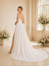 ChicSew Elegant A-line Spaghetti Straps V-Neck Side Slit Glitter Tulle Long Wedding Dresses