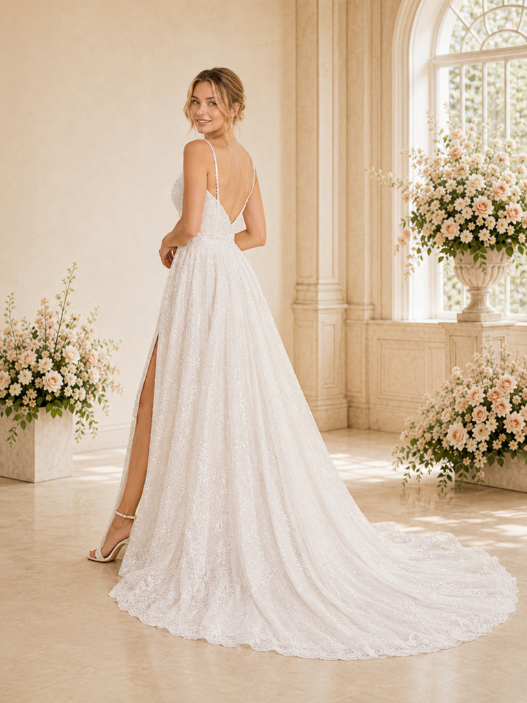 ChicSew Elegant A-line Spaghetti Straps V-Neck Side Slit Glitter Tulle Long Wedding Dresses