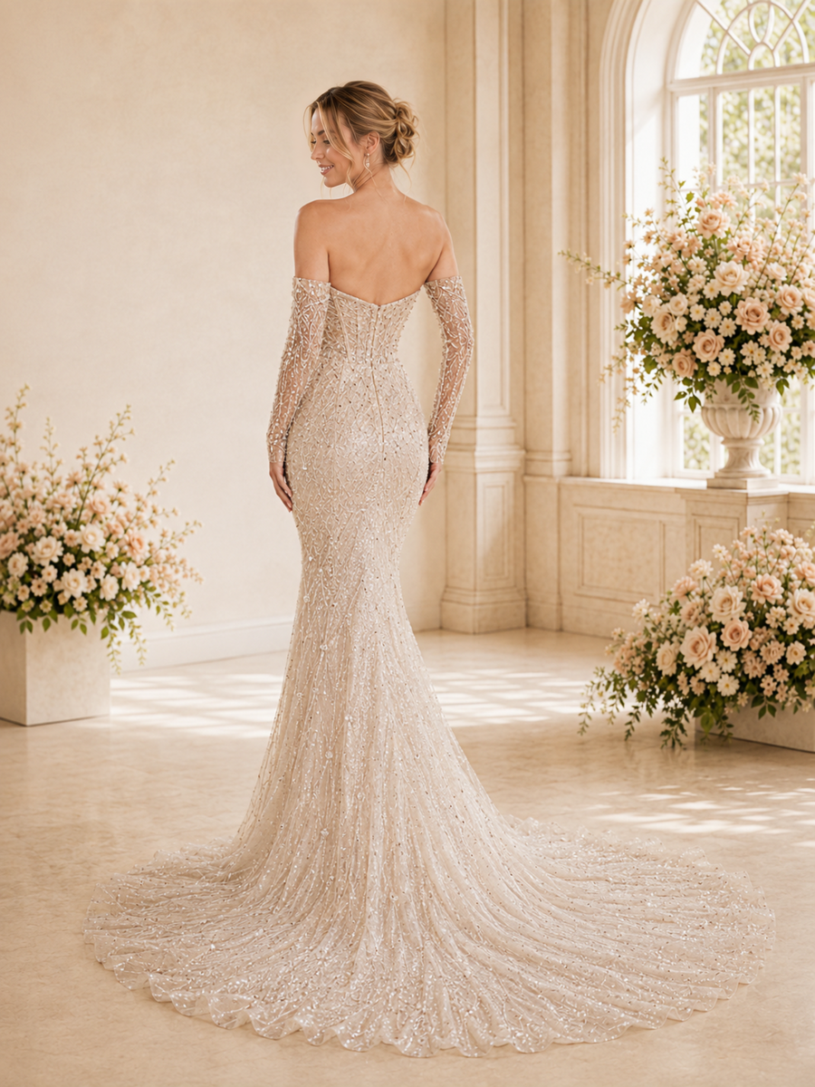 ChicSew Sexy Mermaid Lace Tulle Sweetheart Maxi Long Wedding Dress With Sequin