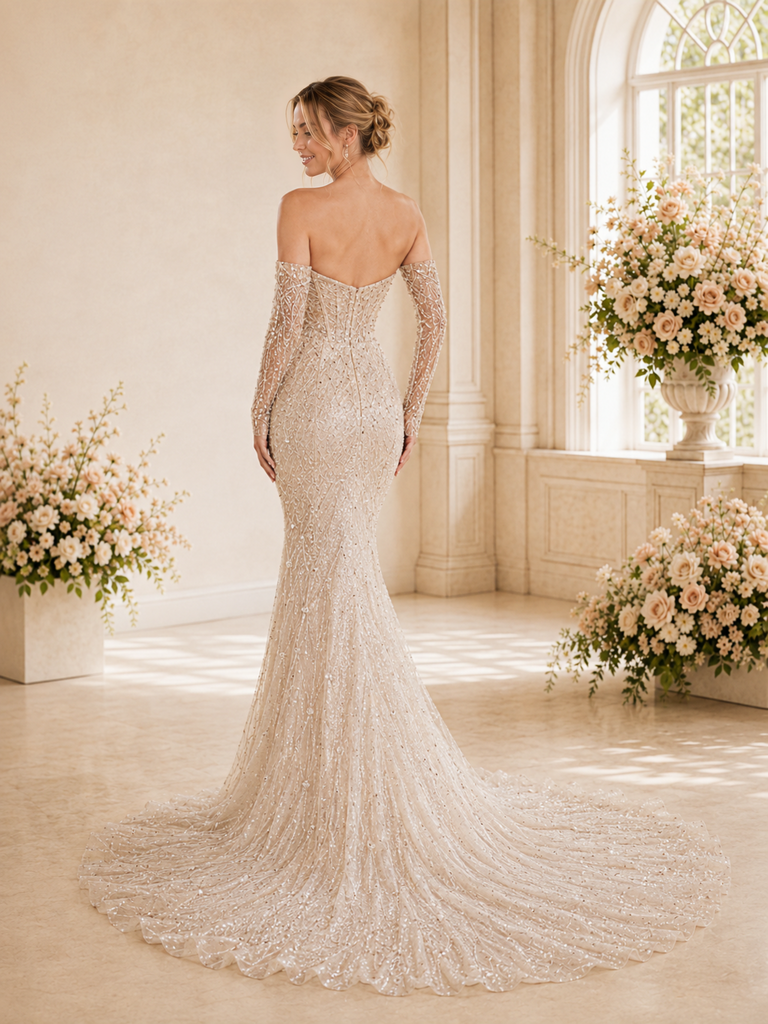 ChicSew Sexy Mermaid Lace Tulle Sweetheart Maxi Long Wedding Dress With Sequin