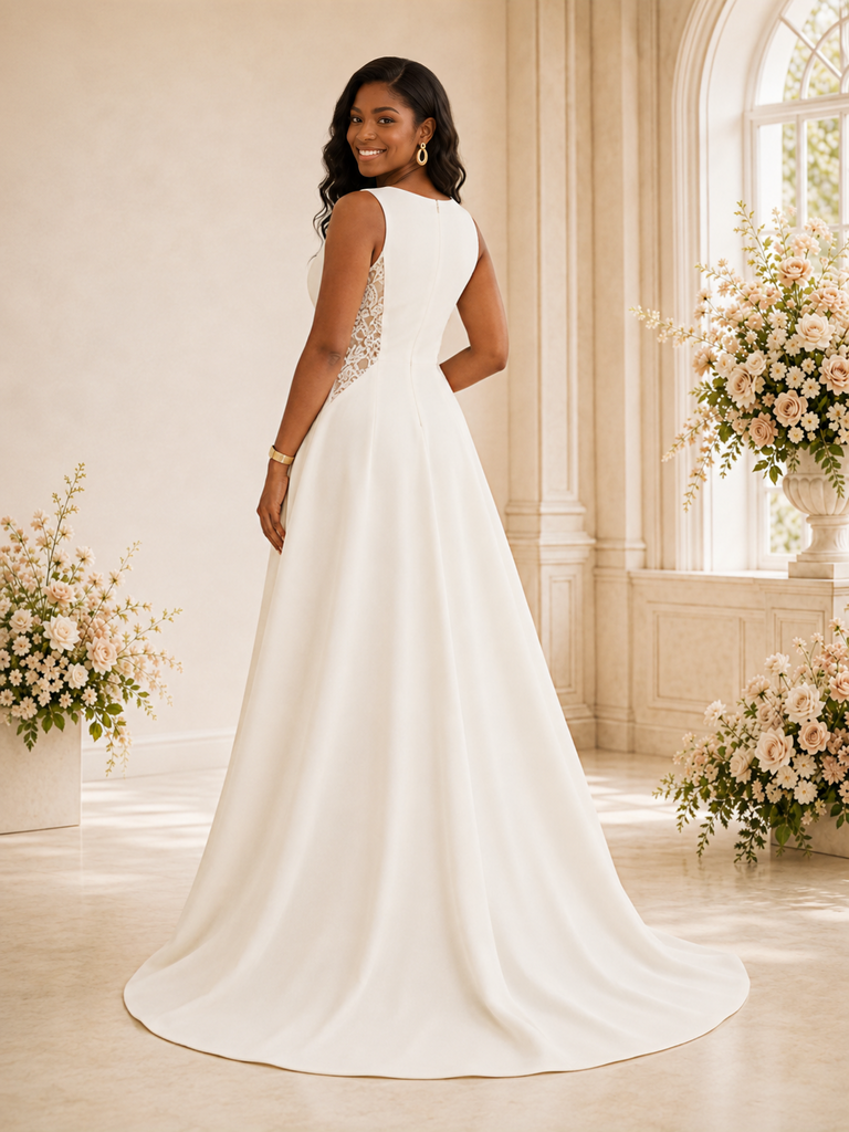 ChicSew Elegant Bateau Sleeveless Long A-Line Crepe Wedding Dress With Lace Appliques
