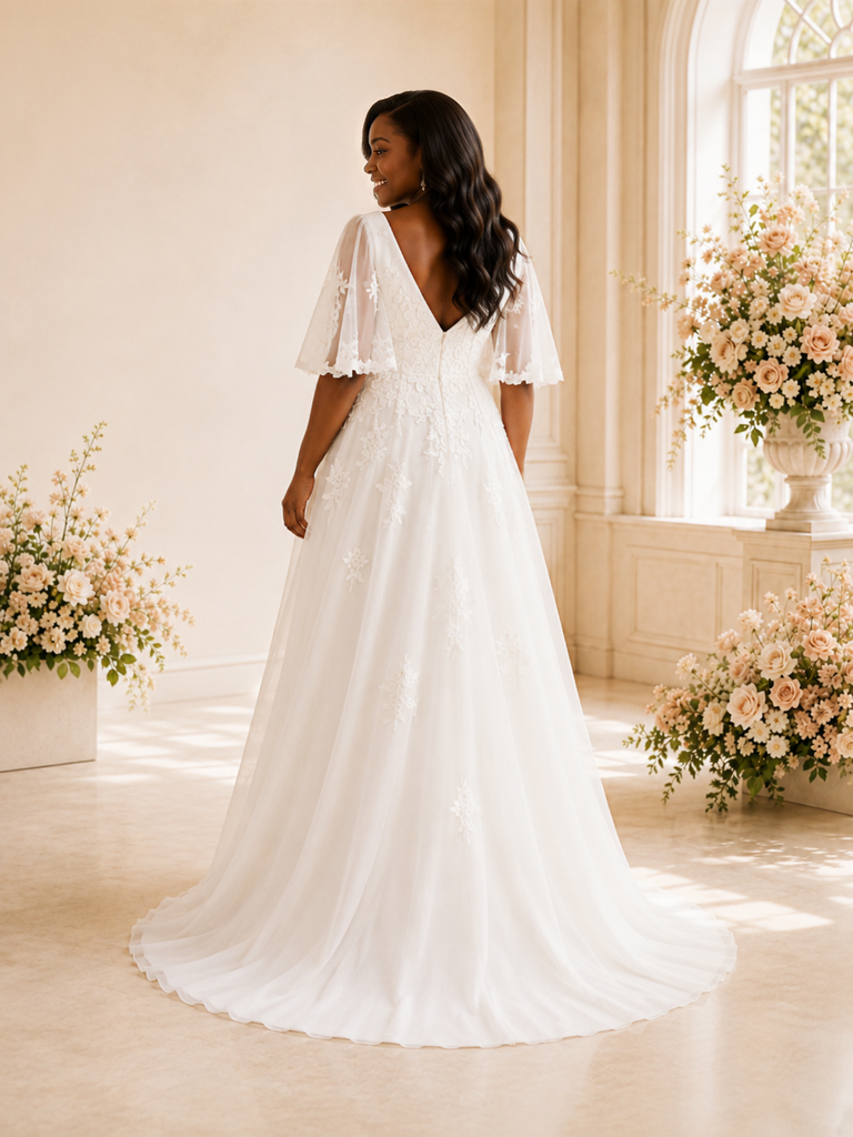 ChicSew Elegant V-Neck Half Sleeves Lace Appliques Chiffon A-Line Maxi Wedding Dress