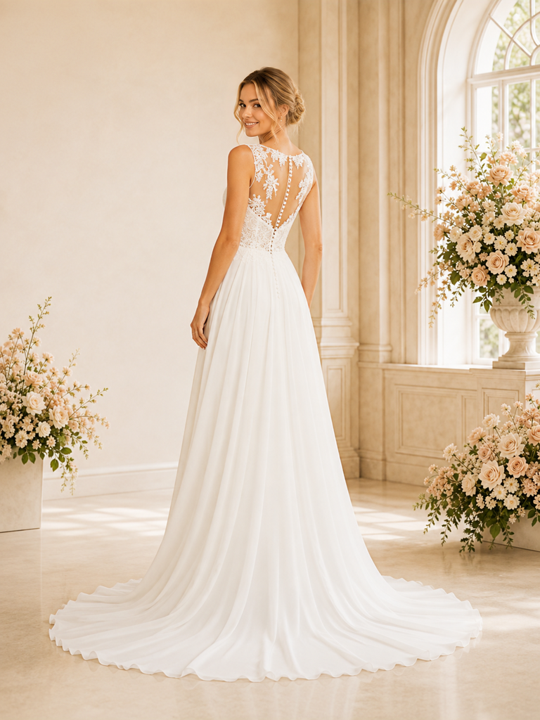 ChicSew Elegant Fancy Illusion Sleeveless Lace Applique Chiffon A-Line Maxi Wedding Dress