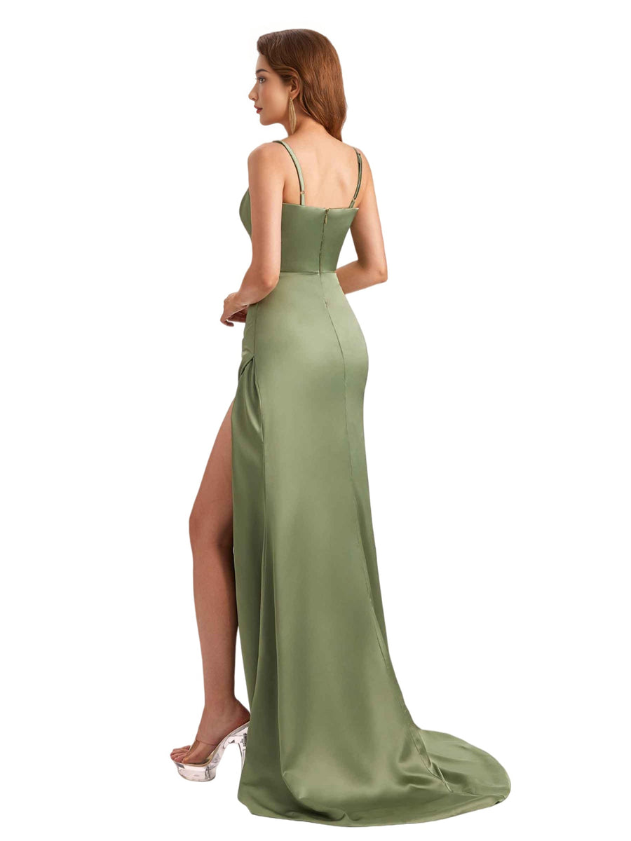 Sexy Soft Satin Mermaid Spaghetti Straps Side Slit Simple Long Bridesmaid Dresses Online