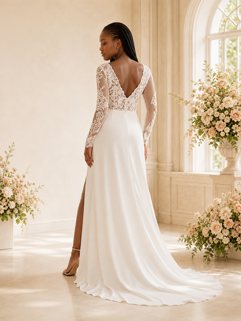 ChicSew Modern V-Neck Long Sleeves Lace Crepe Mermaid Maxi Wedding Dress With Side Slit