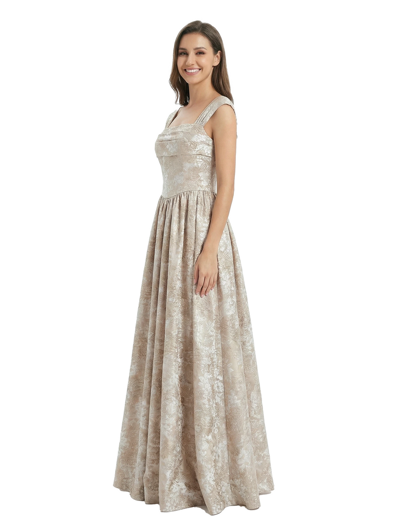 ChicSew Fancy Jacquard Satin Square Neck A-Line Long Evening Dresses For Women