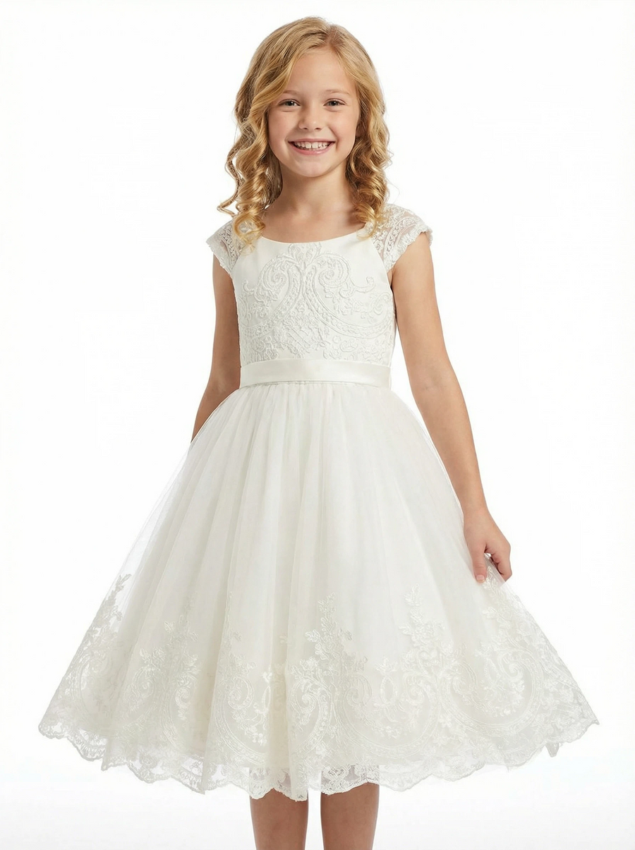 Cap Sleeve Flower Girl Dress Embroidered Bodice Tulle A-Line Knee Length Party Gown