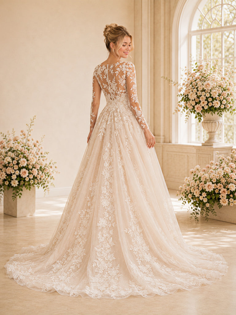 ChicSew Romantic Long Sleeves V-Neck Glitter Tulle Lace Appliques A-Line Wedding Dresses