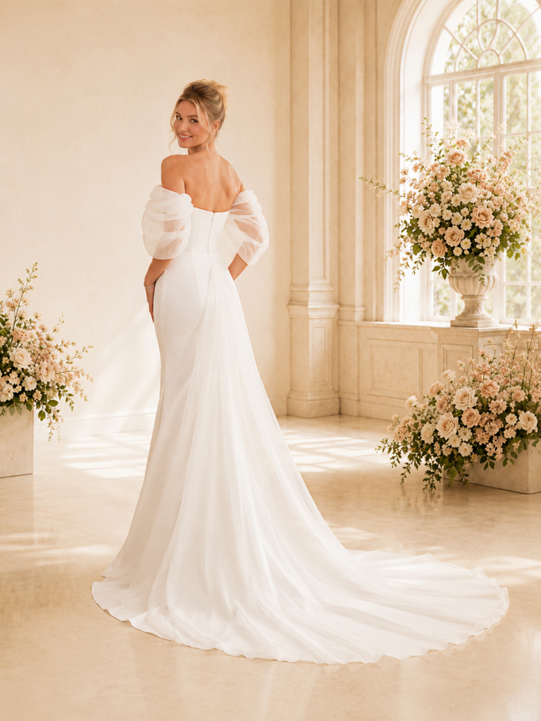 ChicSew Off The Shoulder V-Neck Satin Mermaid Floor-Length Wedding Dress With Train